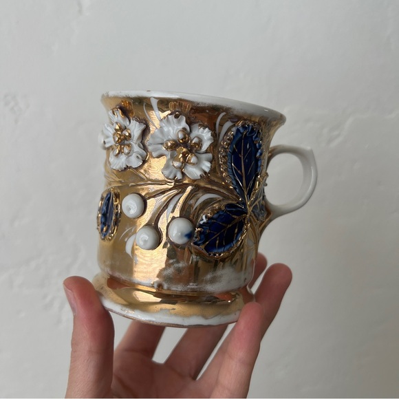 Antique Porcelain gilded German Back-stamp Lusterware Shaving Mug flowers vine - Picture 11 of 13